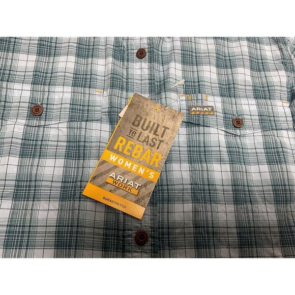Ariat Rebar Button Down Shirt Women's L Plaid Blue Durastretch Roll Tab Sleeve - Picture 3 of 12